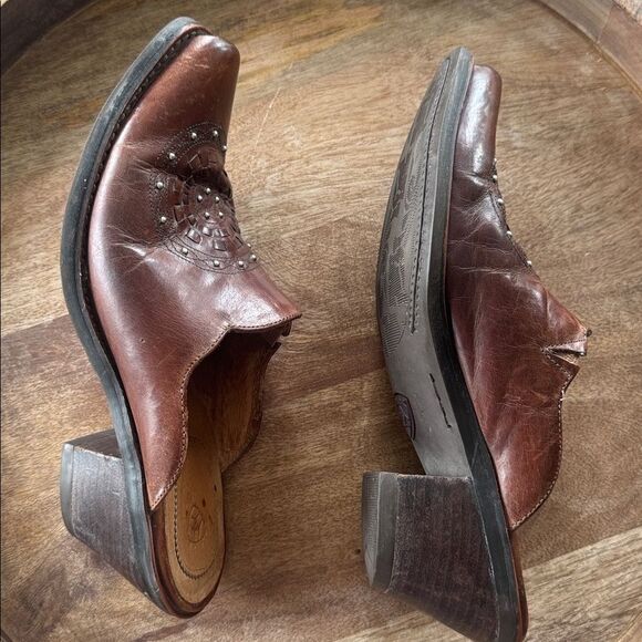 Ariat Brown Leather Women's Mules Silver Studs Western Booties Boho Size 6.5 GUC - Picture 11 of 12